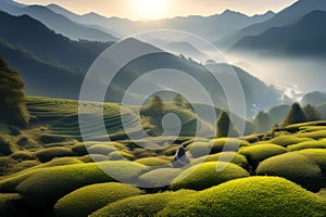 Colheita de folhas de chá verde nas montanhas da China.