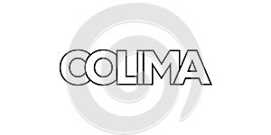 Colima in the Mexico emblem. The design features a geometric style, vector illustration with bold typography in a modern font. The photo