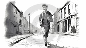 Colin\'s Street Run: A Black And White Sketch