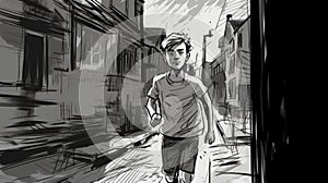 Colin\'s Street Run: A Black And White Sketch