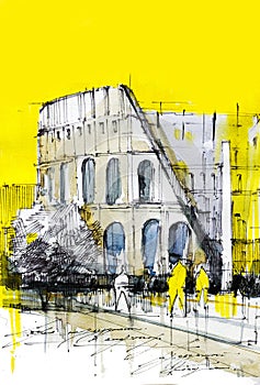 Coliseum building hand drawn watercolor raster illustration