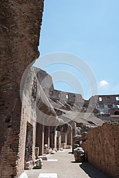 He Coliseum on the inside, Roman architecture with stones.  Ancient and historical monument in Europe. Colosseum.