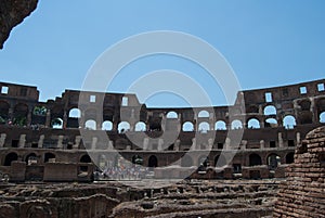 He Coliseum on the inside, Roman architecture with stones.  Ancient and historical monument in Europe. Colosseum.