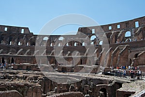 He Coliseum on the inside, Roman architecture with stones.  Ancient and historical monument in Europe. Colosseum.