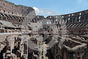 He Coliseum on the inside, Roman architecture with stones.  Ancient and historical monument in Europe. Colosseum.