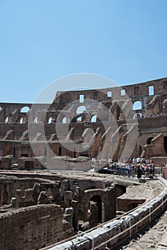 He Coliseum on the inside, Roman architecture with stones.  Ancient and historical monument in Europe. Colosseum.