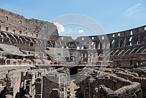 He Coliseum on the inside, Roman architecture with stones.  Ancient and historical monument in Europe. Colosseum.