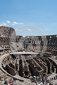 He Coliseum on the inside, Roman architecture with stones.  Ancient and historical monument in Europe. Colosseum.