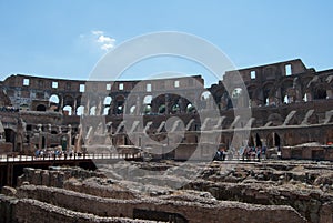 He Coliseum on the inside, Roman architecture with stones.  Ancient and historical monument in Europe. Colosseum.