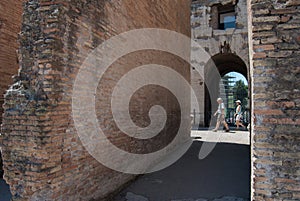 He Coliseum on the inside, Roman architecture with stones.  Ancient and historical monument in Europe. Colosseum.