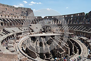 He Coliseum on the inside, Roman architecture with stones.  Ancient and historical monument in Europe. Colosseum.