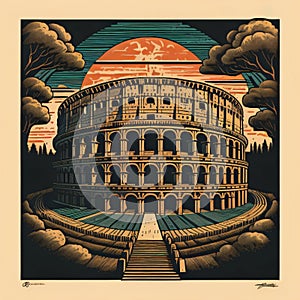 Coliseum in the style of a woodblock print