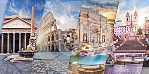 Coliseum, Trevi Fountain, Pantheon, Spanish Steps in one collage of Rome, Italy