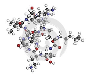 Colistin antibiotic drug molecule. 3D rendering. Atoms are represented as spheres with conventional color coding: hydrogen (white photo