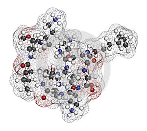 Colistin antibiotic drug molecule. 3D rendering. Atoms are represented as spheres with conventional color coding: hydrogen (white photo