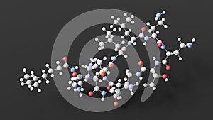 colistin molecule, molecular structure, antibiotic, ball and stick 3d model, structural chemical formula with colored atoms photo