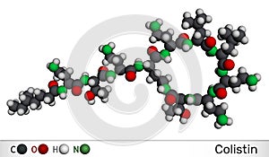 Colistin, polymyxin E molecule. It is cyclic polypeptide antibiotic. Molecular model. 3D rendering