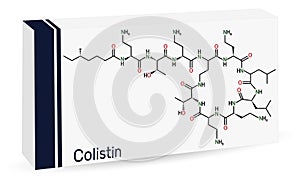 Colistin, polymyxin E molecule. It is cyclic polypeptide antibiotic. Paper packaging for drugs photo