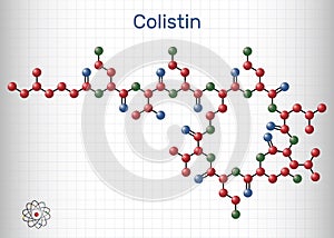 Colistin, polymyxin E molecule. It is cyclic polypeptide antibiotic. Sheet of paper in a cage