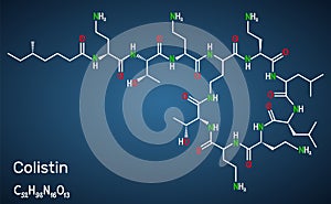 Colistin, polymyxin E molecule. It is cyclic polypeptide antibiotic. Structural chemical formula on the dark blue