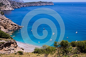 Coll Baix beach in Alcudia bay in Mallorca Balearic islands of Spain. Tropical paradise beach.Summer vacation travel holiday backg