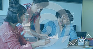 Collaborating on project, team using data visualization image in office setting