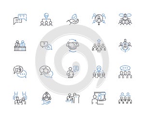 Collaborating together line icons collection. Synergy, Partnership, Unison, Cooperation, Synchronize, Alliance, Teamwork