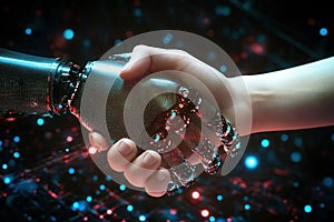 Collaboration blossoms as human and robotic hands unite in a glowing digital landscape of the future. Generative AI photo