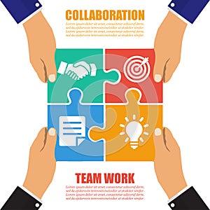 Collaboration concept. Cooperation, teamwork. Successful solution puzzle. Symbol of partnership. Vector, flat design