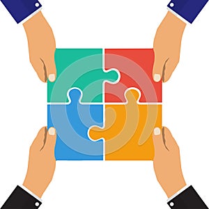 Collaboration concept. Cooperation, teamwork. Successful solution puzzle. Symbol of partnership. Vector, flat design