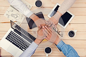 Collaboration connection team brainstorming inity. Teamwork stacking hand concept