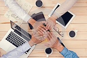 Collaboration connection team brainstorming inity. Teamwork stacking hand concept