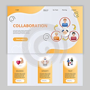 Collaboration flat landing page website template. Boldness, integrity, trust. Web banner with header, content and footer
