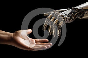 Collaboration between humanity and technology. Hands of human and robot reaching for each other isolated on black background.