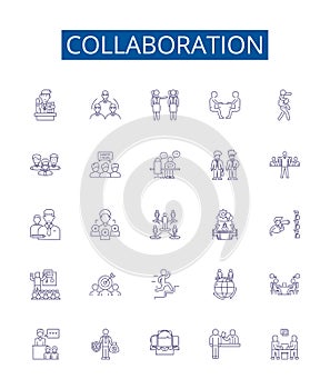 Collaboration line icons signs set. Design collection of Cooperation, Partnership, Teamwork, Alliance, Synchronization photo