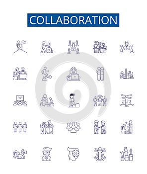 Collaboration line icons signs set. Design collection of Cooperation, Partnership, Teamwork, Alliance, Synchronization photo