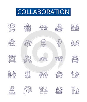 Collaboration line icons signs set. Design collection of Cooperation, Partnership, Teamwork, Alliance, Synchronization photo