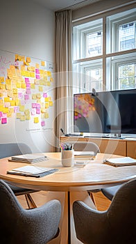 Collaboration space with colorful notes and modern technology in a bright office