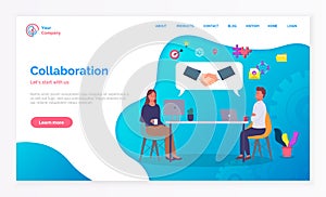 Collaboration teamwork concept landing page template. Negotiations of business partners flat vector