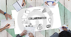 Collaboration text with icons and business people`s hands