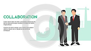 COLLABORATION two big boss businessman shake hands collaborate to build stronger business with growth business building background