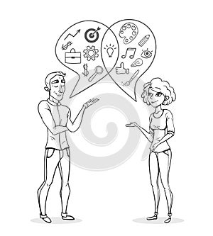 Collaboration of two people. Creative woman and man analyst. Business sketch vector illustration.