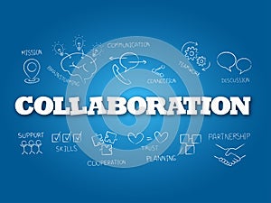 Collaboration word on light blue background. Vector illustration