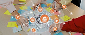 Collaborative brainstorming session with diverse hands, sticky notes, mind map, and artificial intelligence concept on
