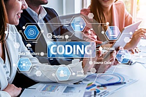 Collaborative Coding Session with Digital Interface Elements and Team Members Engaged in Software Development and