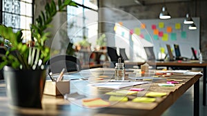 Collaborative creative business desk with a large communal table, whiteboards, and post-it notes, promoting teamwork and idea-