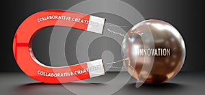 Collaborative Creativity attracts Innovation. A metaphor showing collaborative creativity as a magnet that pulls innovation. ,3d