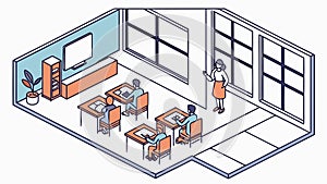 Collaborative Isometric Office with Two Workers at Desks, vector design Generative AI