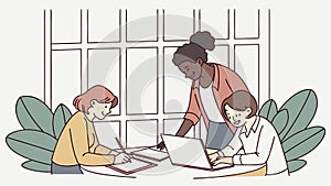 Collaborative Learning: Students Working Together on a Laptop, vector design Generative AI