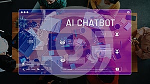 Collaborative Meeting with AI Chatbot Interface, Diverse Group Engaging with Technology, Modern Workspace with